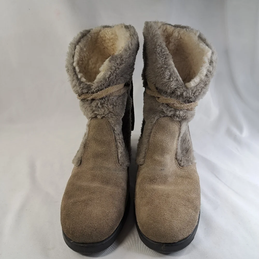 𝅺yodelers Vintage Tan & Gray Cold Weather Boots Women's Size 7.5